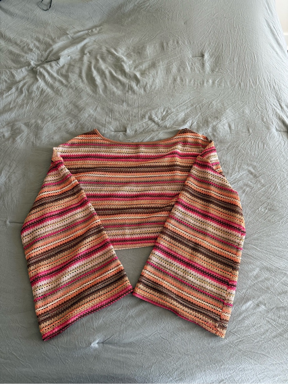 Striped Crochet Bell-Sleeve Women’s Sweater - Pink & Brown